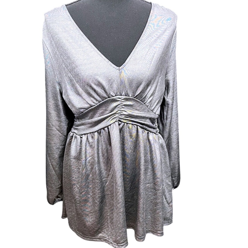 Shimmer Silver Mini Dress Ruched V Neck Long Sleeve Party Club Bodycon Size L